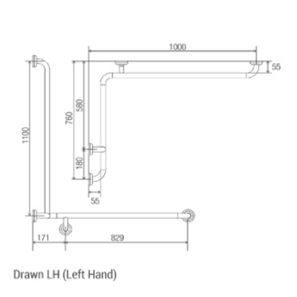 Clam Flange Corner Shower Grab Rail 760mm x 1000mm x 1100mm